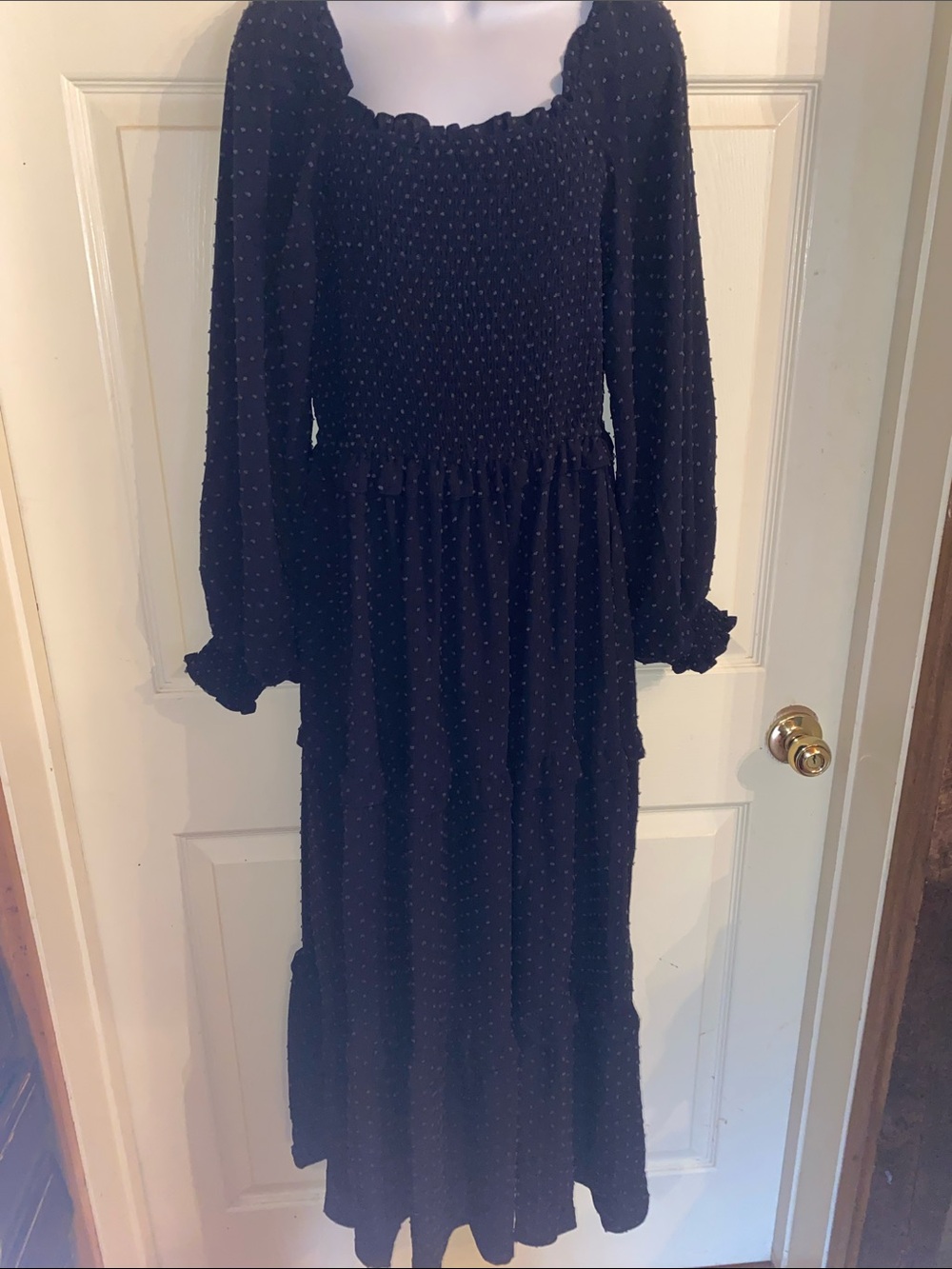 Black Smocked Maxi Dress with Long Sleeves